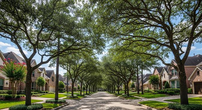 The Woodlands neighborhood with tree-lined streets and beautiful homes.